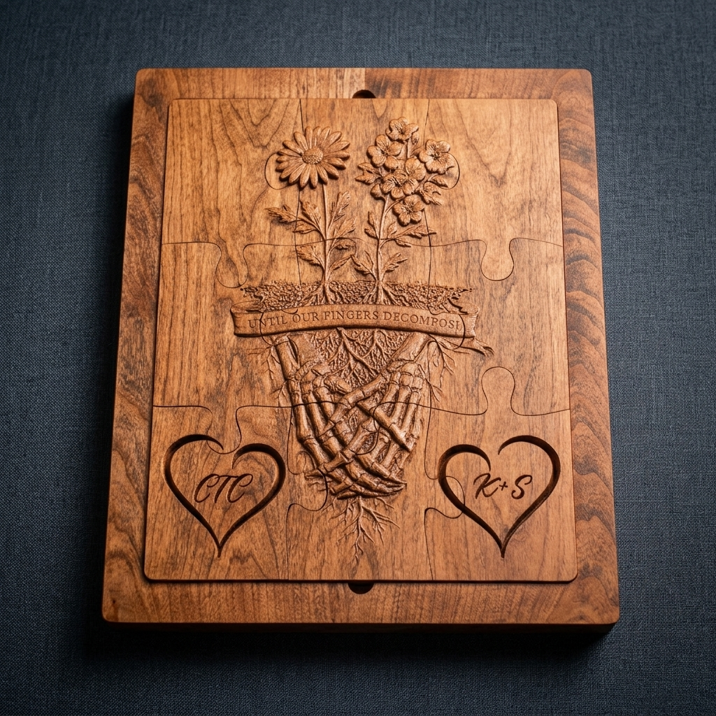 Carved Wooden Puzzle Plaque - 'Until Our Fingers Decompose'